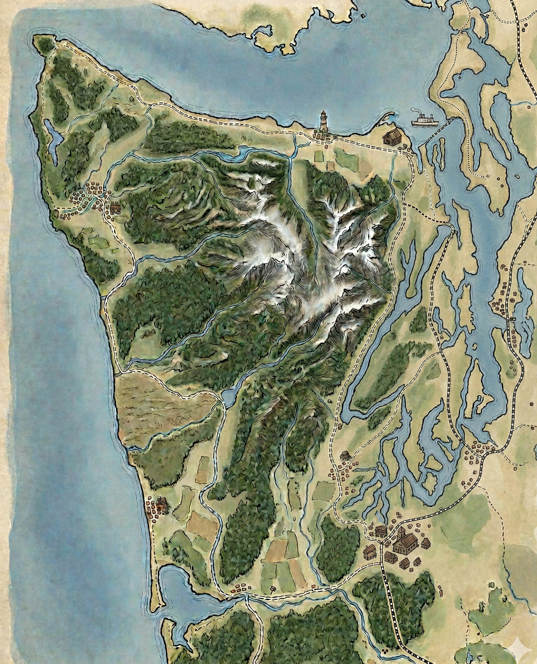 Illustrated watercolor map of the Olympic Peninsula from the Cougar Crossing game